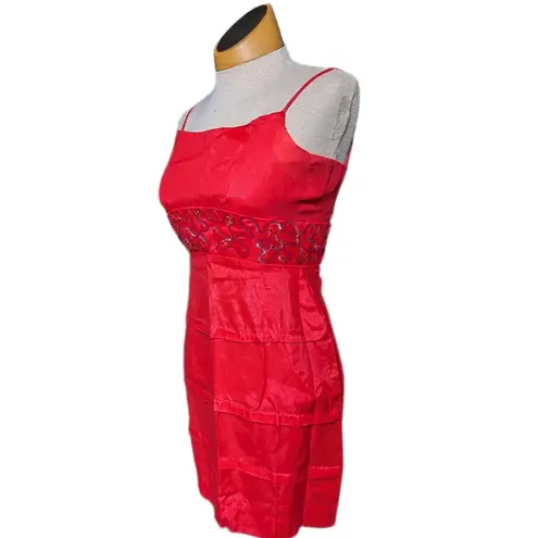 Vtg 1960s Red Chiffon Sequin Embellished Go Go Tiered Strappy Mini Dress Sz 2 4