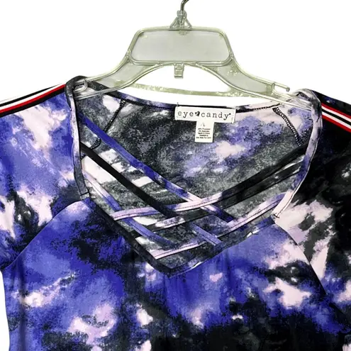 Eye Candy Shirt Womens Large Purple Black Tie Dye Crisscross V-Neck Long Sleeve