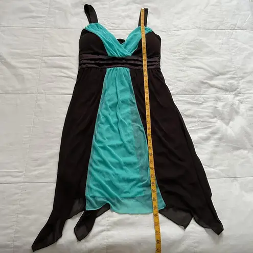 Y2K brown and turquoise dress with handkerchief hem and a bow in the back Blue
