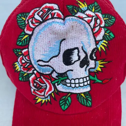 Ed Hardy Y2K Floral Skull Embroidered Red Corduroy Hat