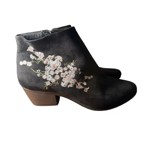 Black Embroidered Floral Ankle Boots Block Heel Side Zip Women Size 12