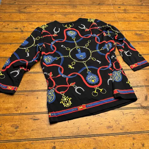 J McLaughlin Equestrian Print Long Sleeve Top Black Red Blue Yellow Size L Size L