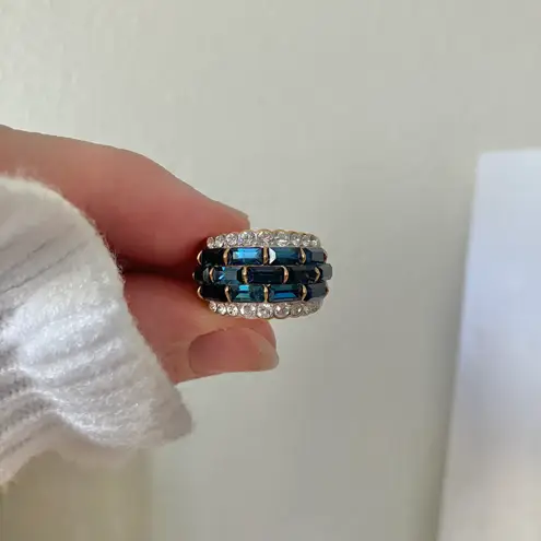 18KGE RSC Blue Glass Statement Ring Covenant Elegant Vintage Sparkly Glam Jewelry