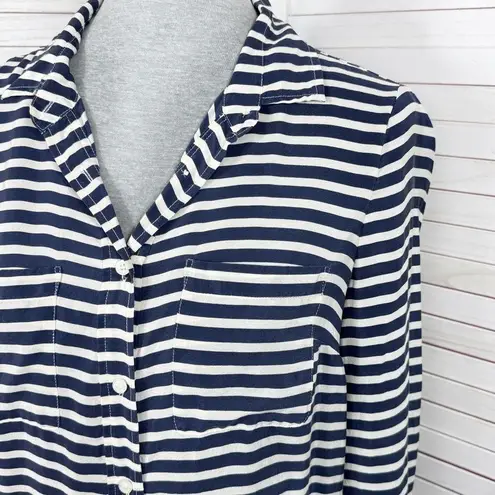 J. Crew Striped Silk Button Up Long Sleeve Shirt Blouse Blue White Small