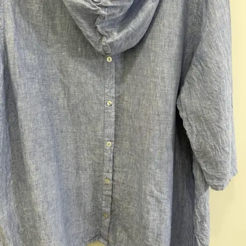 Tahari 100% Linen Hooded Popover Tunic Top Sz 3X Blue V Neck Ocean Swim Coverup