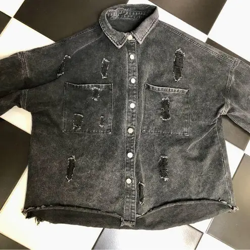 Distressed Denim Faded Black Jean Jacket Denim Button Front Raw Hem Oversized L Size L