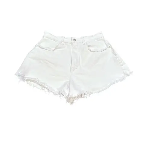 We Wore What BOYFRIEND HIGH WAIST RISE WHITE CUTOFF DENIM STRETCH SHORTS 29