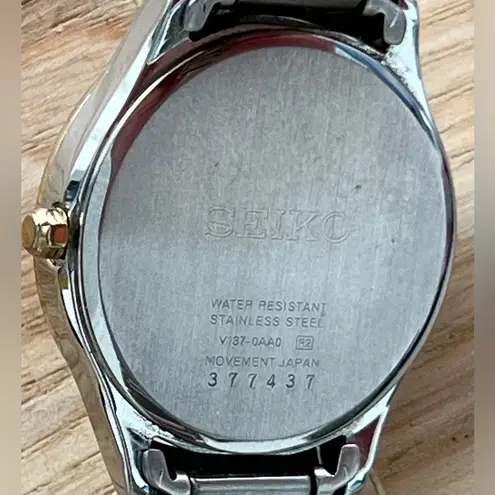 Seiko Solar Swarovski Crystals Ladies Watch Pearl Dial Two-Tone Bracelet Date