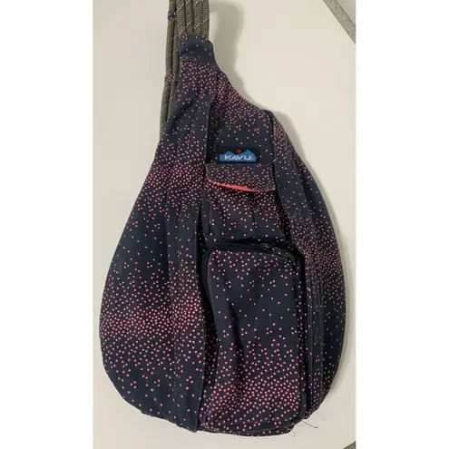 KAVU  Rope Sling Bag Backpack Navy Blue With Pink Polka Dots Pink Interior