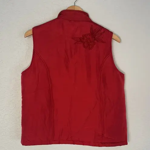 Coldwater Creek Red Silk Puffer Vest Full Zip Embroidered Winter Sporty Preppy