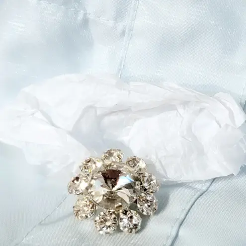 We Wore What Light blue puff sleeve dress with rhinestone buttons