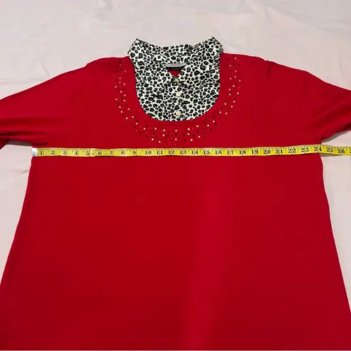 Quaker Factory Embellished Red Knit Sweater Contrasting Satin Leopard Collar XL