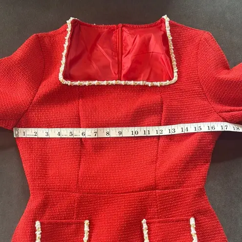 Women’s Short Red Dress Square Neck Faux Pearl