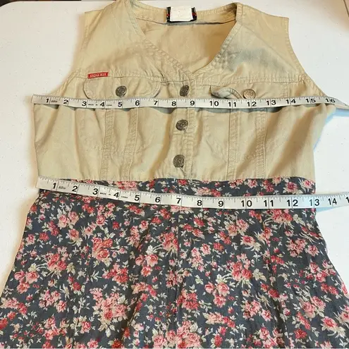 Vintage Blue VTG  Dress Sleeveless Button cotton tan Top Floral skirt size small