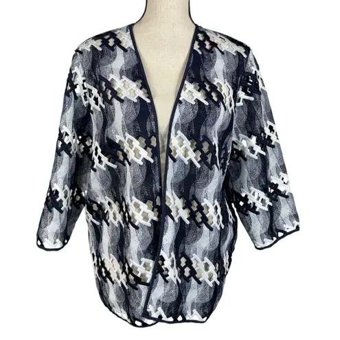 Alfred Dunner Large Blazer Jacket Open Front 3/4 Sleeves Semi Sheer Lattice Navy