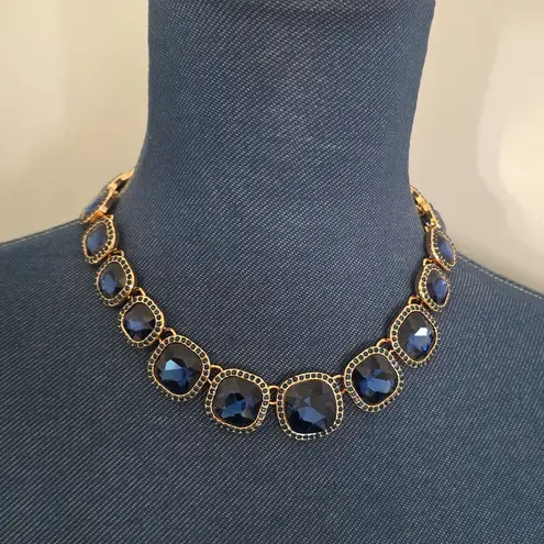 Statement Gold and Navy Blue Cushion Gem Collar Necklace and Earrings Set