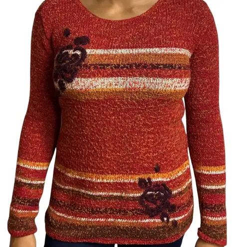CRAZY HORSE Vintage Y2K Collection Rust Knit Sweater Floral Embroidered Small