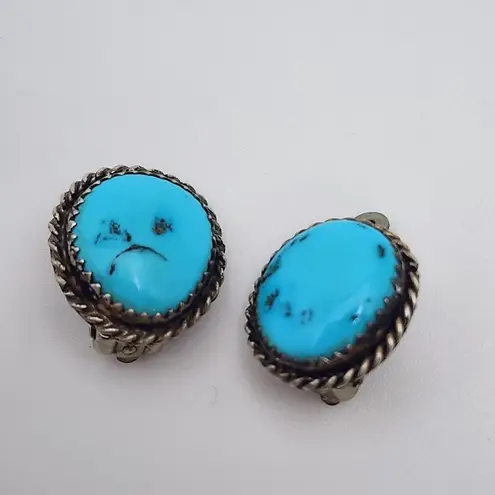 Vintage Sterling Silver Twisted Rope & Turquoise Stone Clip