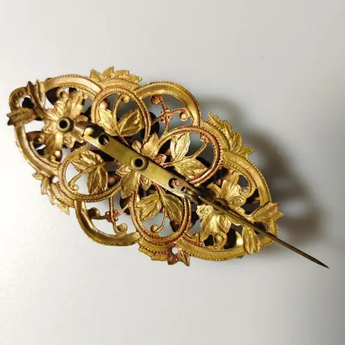 Antique Brooch Victorian Art Nouveau Gold Tone Floral Gilt Brass Dark Glass
