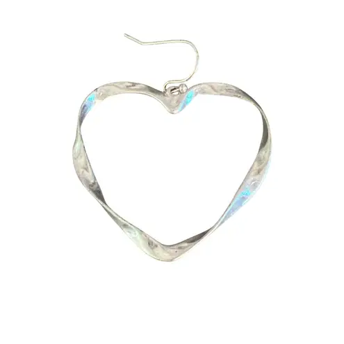 Vintage Silver Tone Heart Hoop Dangle Earrings Twisted Hammered Hook 2" Estate
