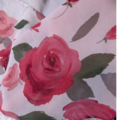 Vtg 1980s California Dynasty White Rose Floral Print Satin Sheer Chiffon Top M Size M