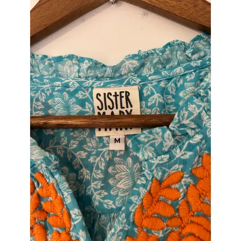 Ivy Jane Sister Mary M 100% Cotton Blue White Floral Embroidered Orange Blouse Size M