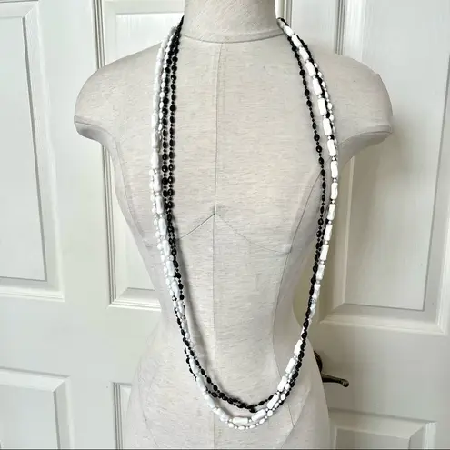 Vintage black and white beaded multi strand long necklace