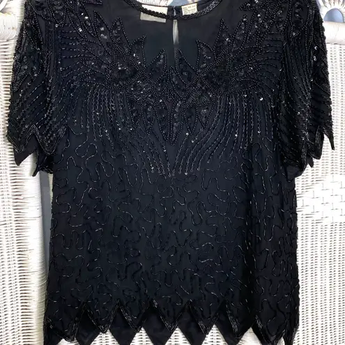 Vintage 80s Denise Elle Black Beaded Silk Top S Art Deco Sequin Evening Blouse Size L