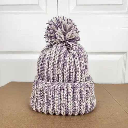 Crochet Handmade Chunky Ribbed Beanie Cream Purple Pompom Warm Hat Cap