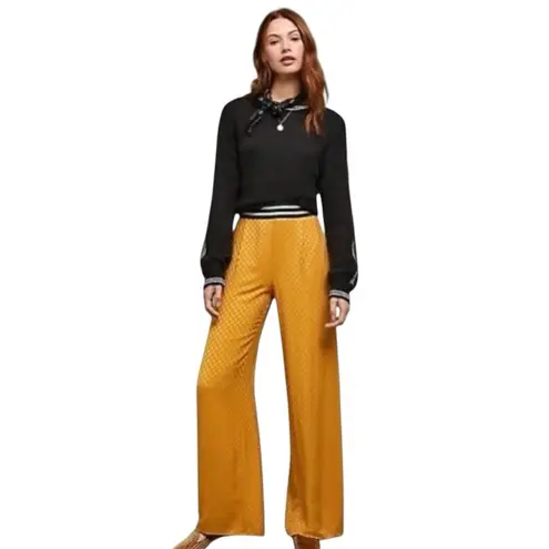 Anthropologie Seen Worn Kept Yellow Gold Polka Dot Palazzo Wide Leg Resort Pants Size 8