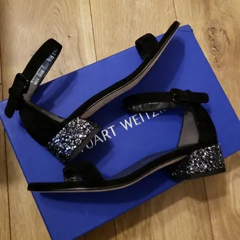Stuart Weitzman  Chic Edgy Feminine Suede Leather Sparkle Chunky Heels Size 6