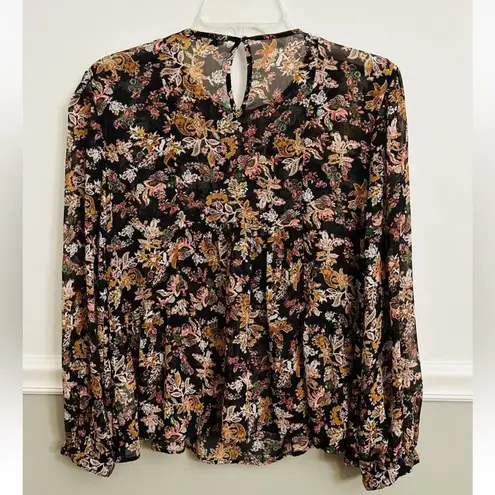 ZARA  Chiffon Floral Semi Sheer Beaded Embellished Pleated Keyhole Top Medium