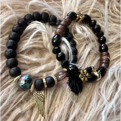 Beaded Angel Wing Bracelet Duo Set Black