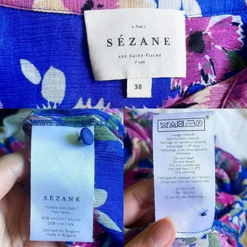 Sézane Sezane Top Ann Floral Silk Button-Down Long-Sleeve Summer Glow Jacquard 38 EUC