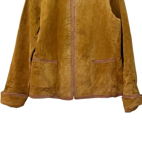 Christopher & Banks Cognac Suede Leather Jacket Size XL Zip Front Crochet Trim