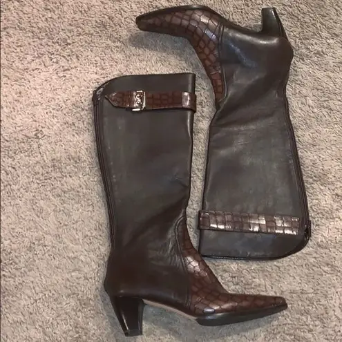 Prevata Brown Diana Leather Croc Heeled Boots Size 8