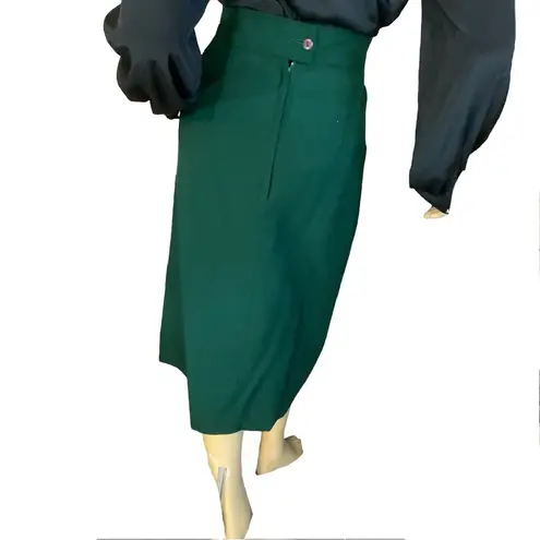 VINTAGE 1980'S GREEN W/RED & BLACK WAIST PLEATED WOOL MIDI SKIRT (16)