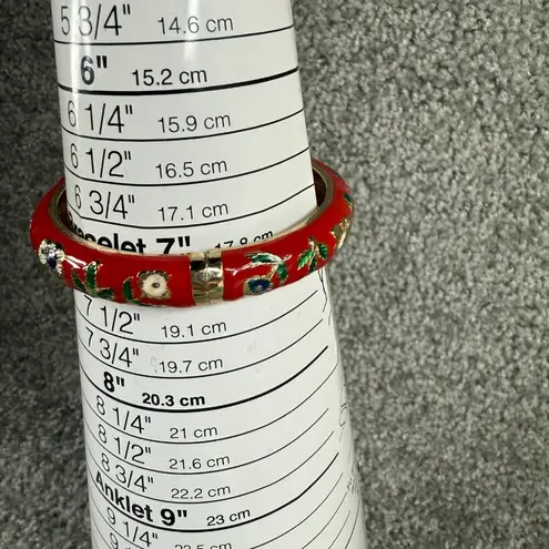 Clamper Style Bracelet Red Color Flower Pattern Accent Multicolor Enamel Painted