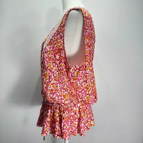 Adrienne Vittadini Dainty Floral Blousy Sleeveless Peplum Top with Lace Boho