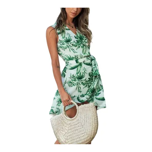 Cupshe Beach Tropical Leaf Wrap V-Neck Cover-Up Dress Belted Summer Tank Dress M