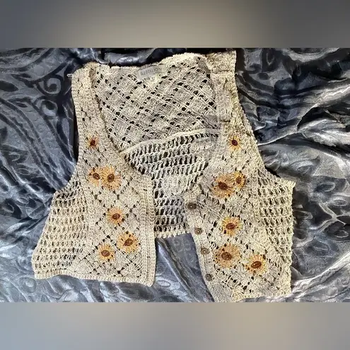Rebellion Crochet Vest Embroidered Sunflowers & Button Front by Medium