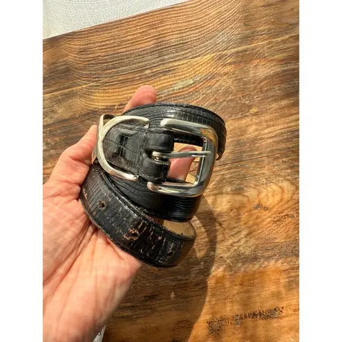 Vionic Y2K Black Leather Croc Embossed Belt Silver X Buckle Minimalist Unisex