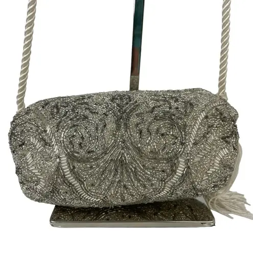 Vintage Evening Silver Beaded Crossbody Formal Bag Tassel Purse