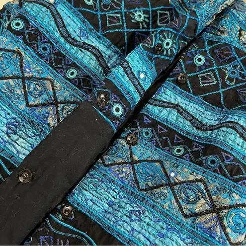 Chico's  Sapphire Blue Deepwater Beaded Embroidered Brocade Dress Coat