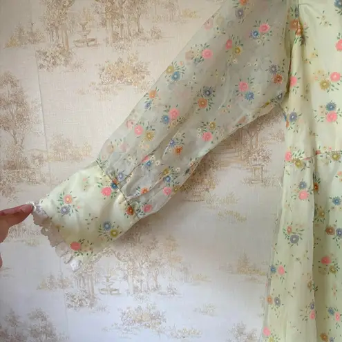 Vintage 60s 70s yellow floral maxi long sleeve cottagecore retro prairie dress Size M