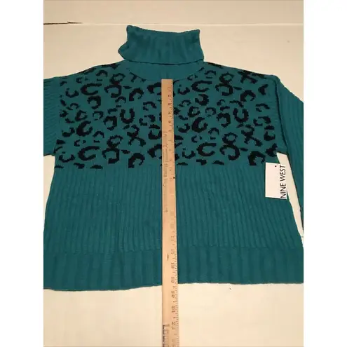 Nine West Sweater Women’s Sz M Teal Cheetah Ribbed Knit Turtleneck Pull Over New