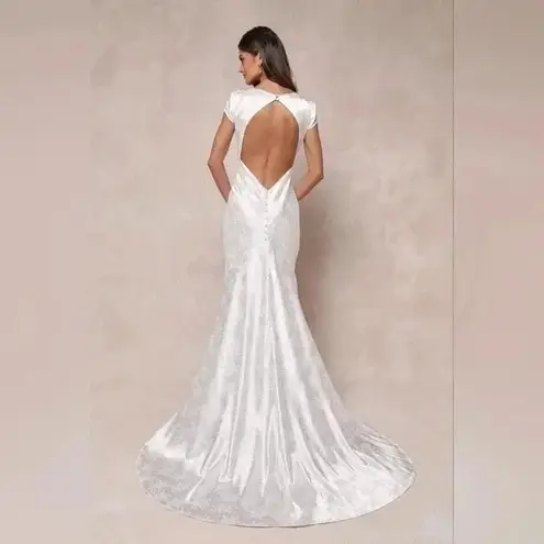 Lulus Loveliest Dream White Satin Jacquard Backless Mermaid Maxi Dress Size L Size L