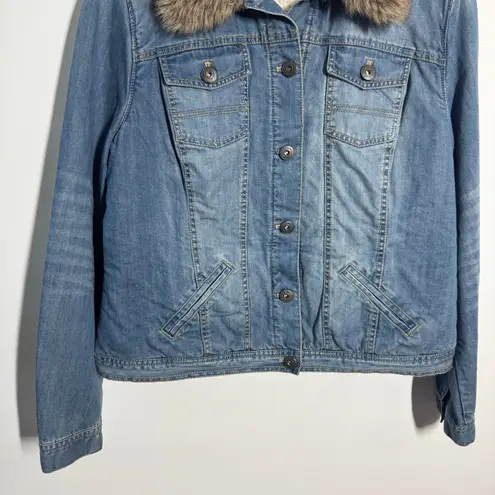 Ruff Hewn  90s Y2K Faux Fur Collar Denim Jacket Women L Blue Western Sherpa Lined