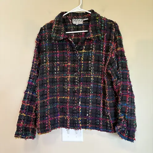 VINTAGE 80s Silver Stream 100% COTTON Jacket Large Black Colorful Tweed Fringe