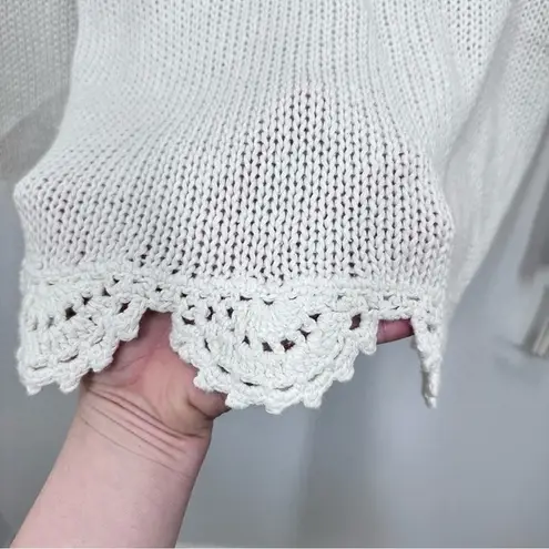 Vintage Cottagecore Crochet Sweater Loose Knit Rose Applique Floral Grannycore White Size L
